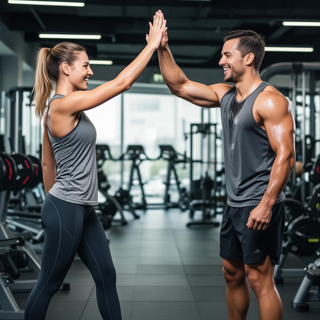 Dois membros do ginásio a celebrar uma boa sessão de treino com um high-five