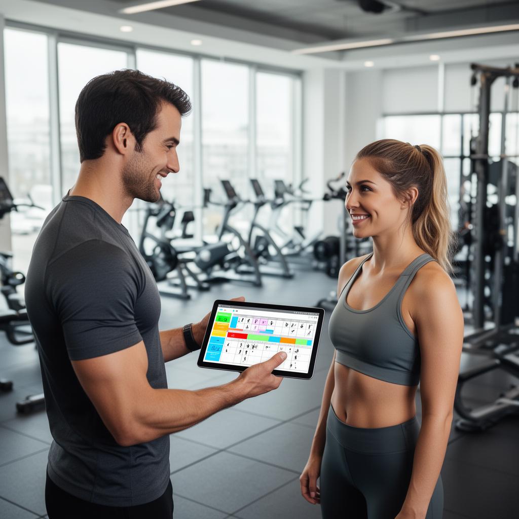 Personal trainer a rever plano de treino num tablet com membro do ginásio