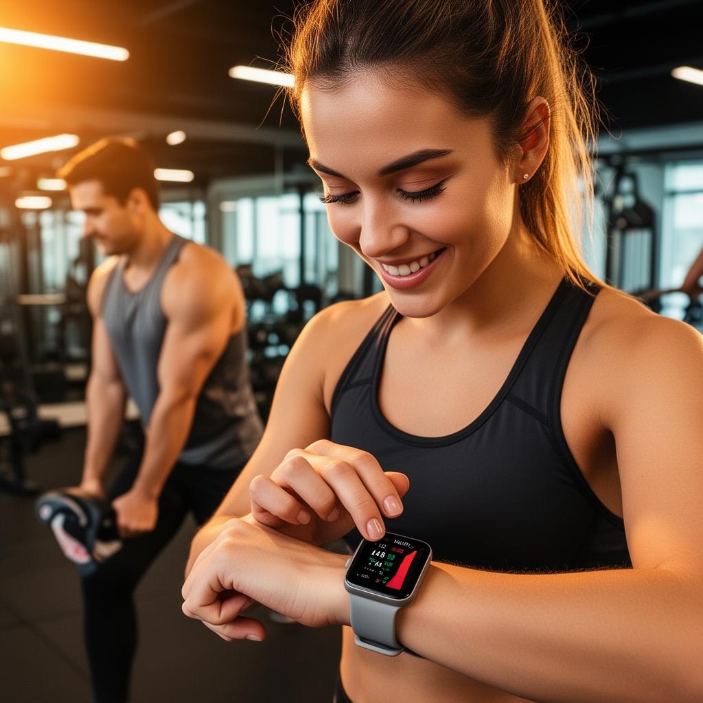 Smartwatch a mostrar frequência cardíaca e métricas de atividade num ginásio